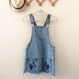 Denim Overall Skirt with Embroidered Pockets